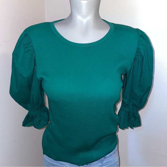 Nation Tee Short Sleeve Puff Sleeve Crew Neck Blouse Pima Cotton Green Medium - Picture 1 of 7
